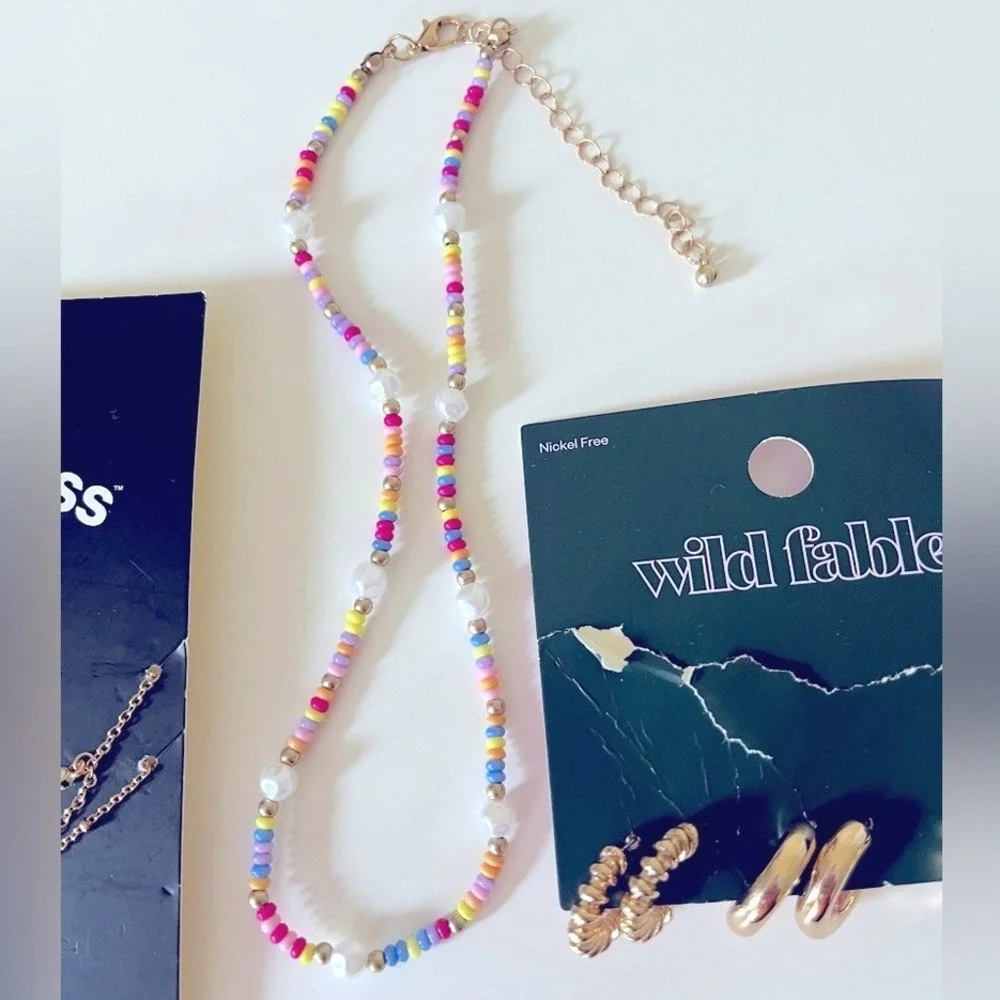 Art Class And Wild Fable Necklaces Hoop Earrings Bundle Gold Tone Colorful